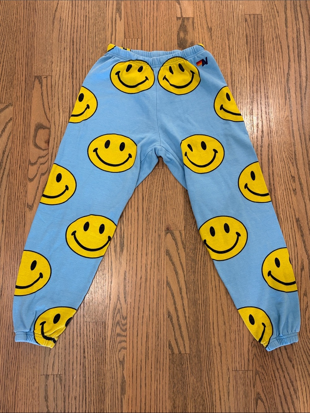 Aviator Nation Light Blue Joggers with Yellow Smiley Print
